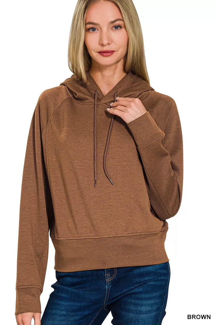 BROWN Drawstring scuba knit pullover hoodie with banded hem