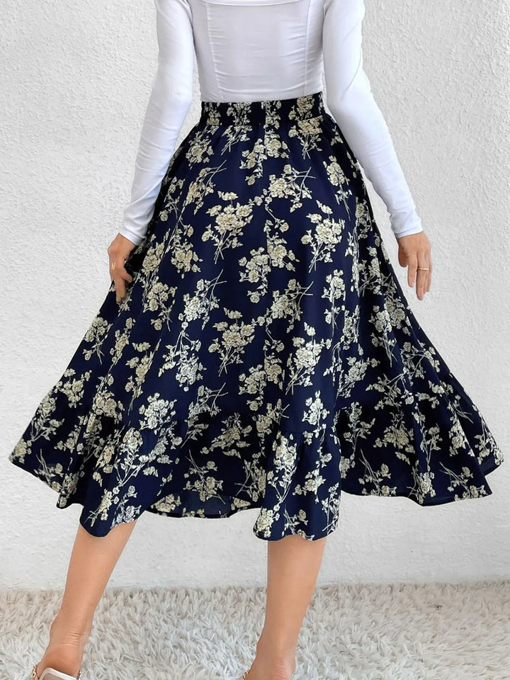 Flared ruffle-tier midi skirt with elastic waist