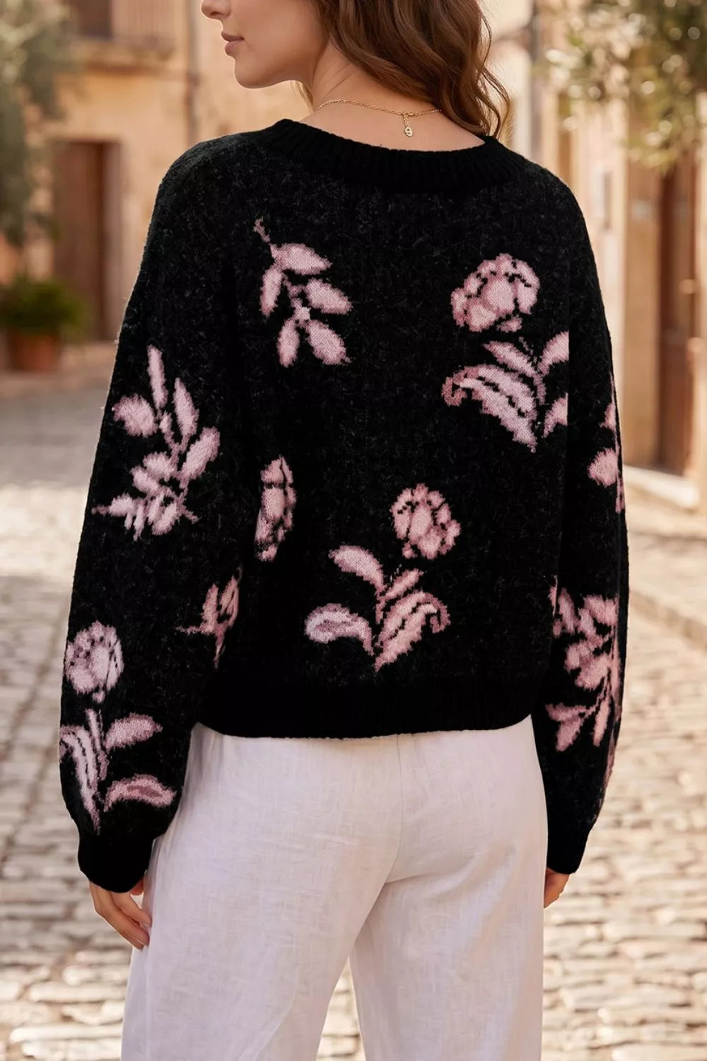 Floral jacquard puff sleeve cropped pullover sweater