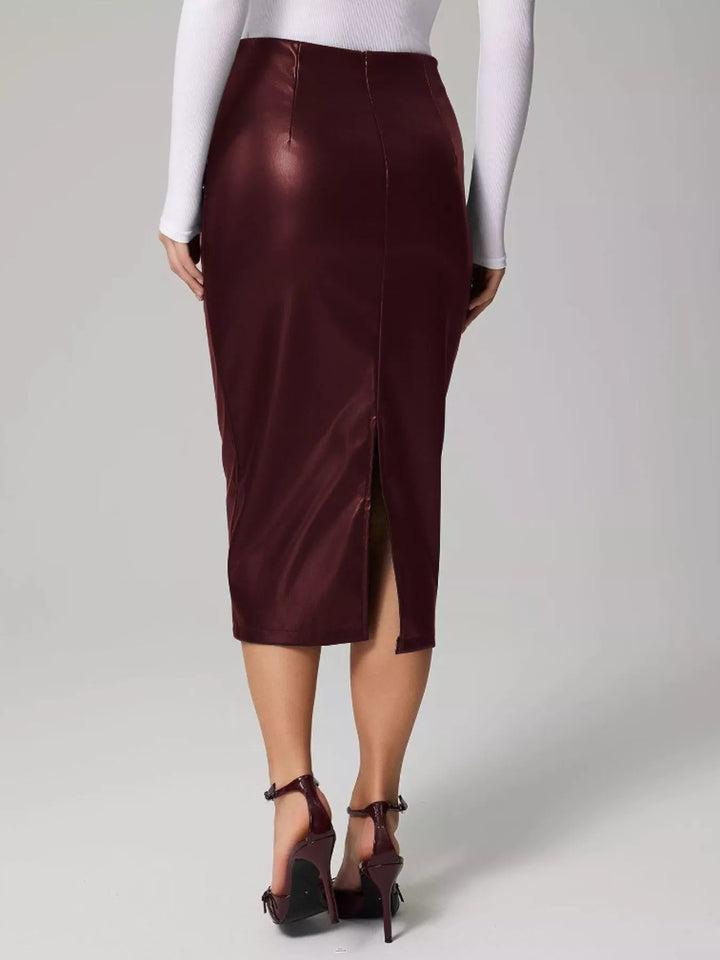 High-rise faux leather midi pencil skirt with back slit