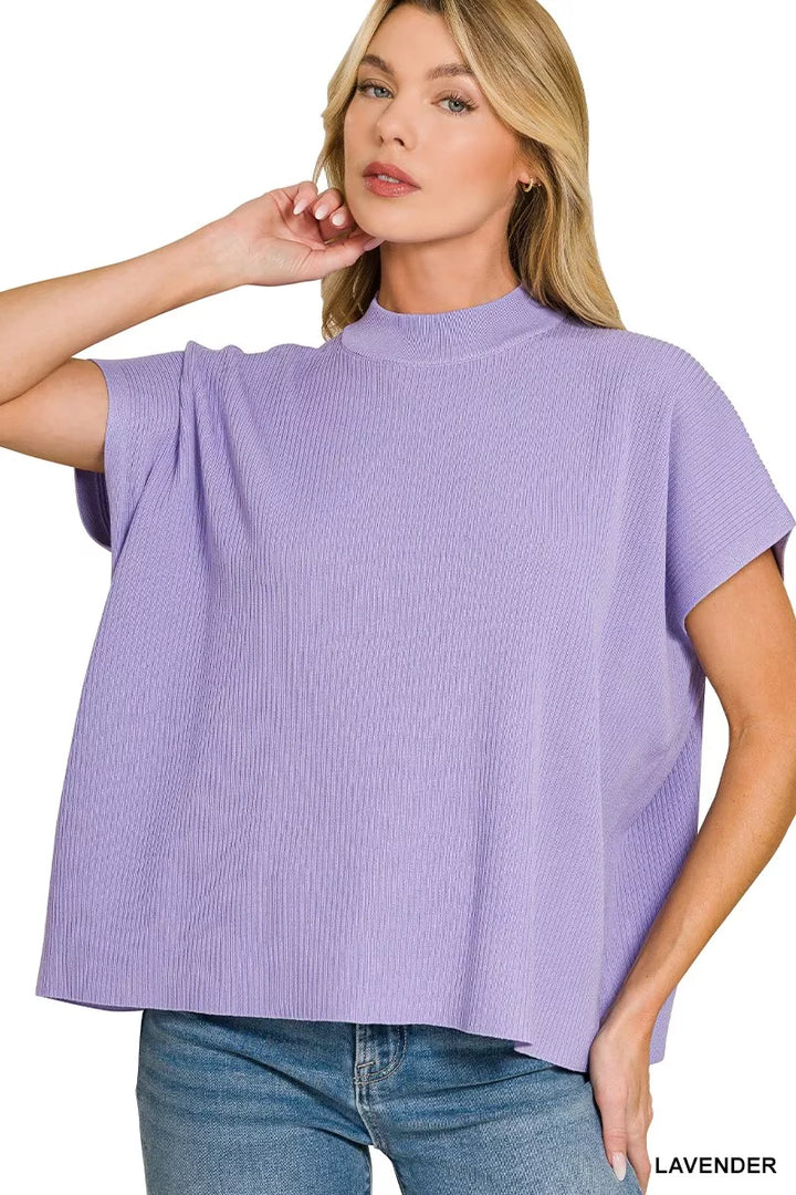 LAVENDER Ribbed knit mock neck short sleeve boxy sweater