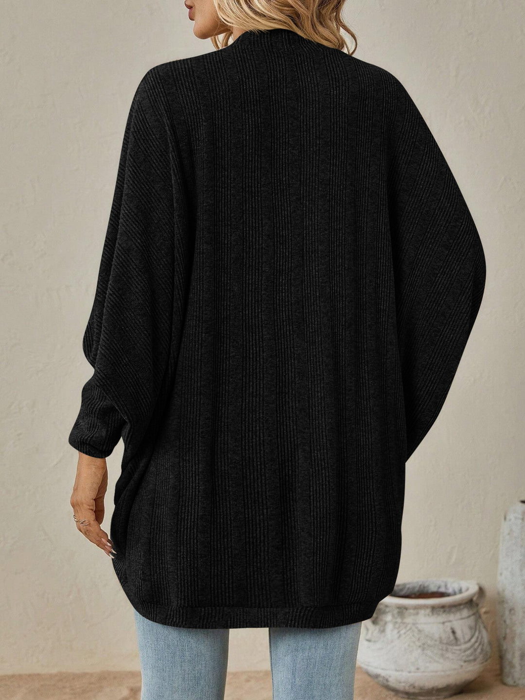 Ribbed open-front batwing sleeve cardigan