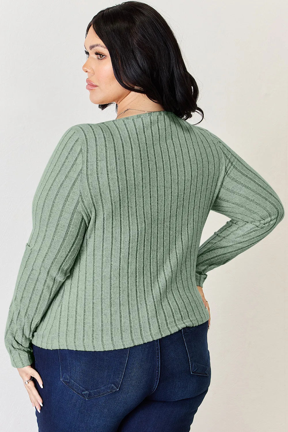 Ribbed scoop neck long sleeve fitted top