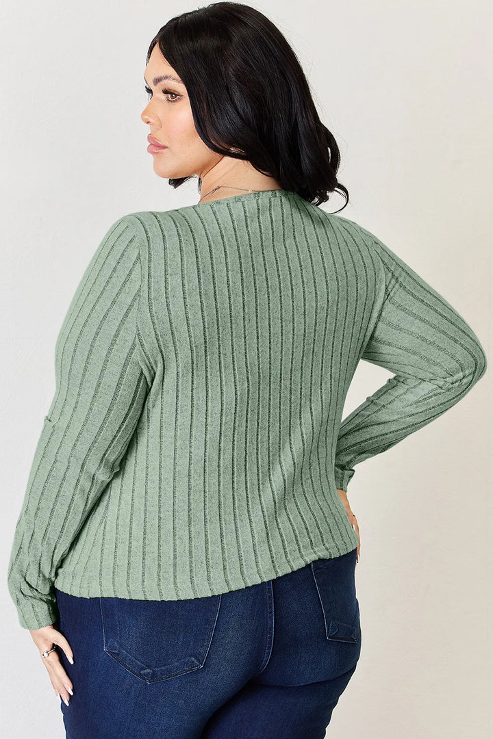 Ribbed scoop neck long sleeve fitted top