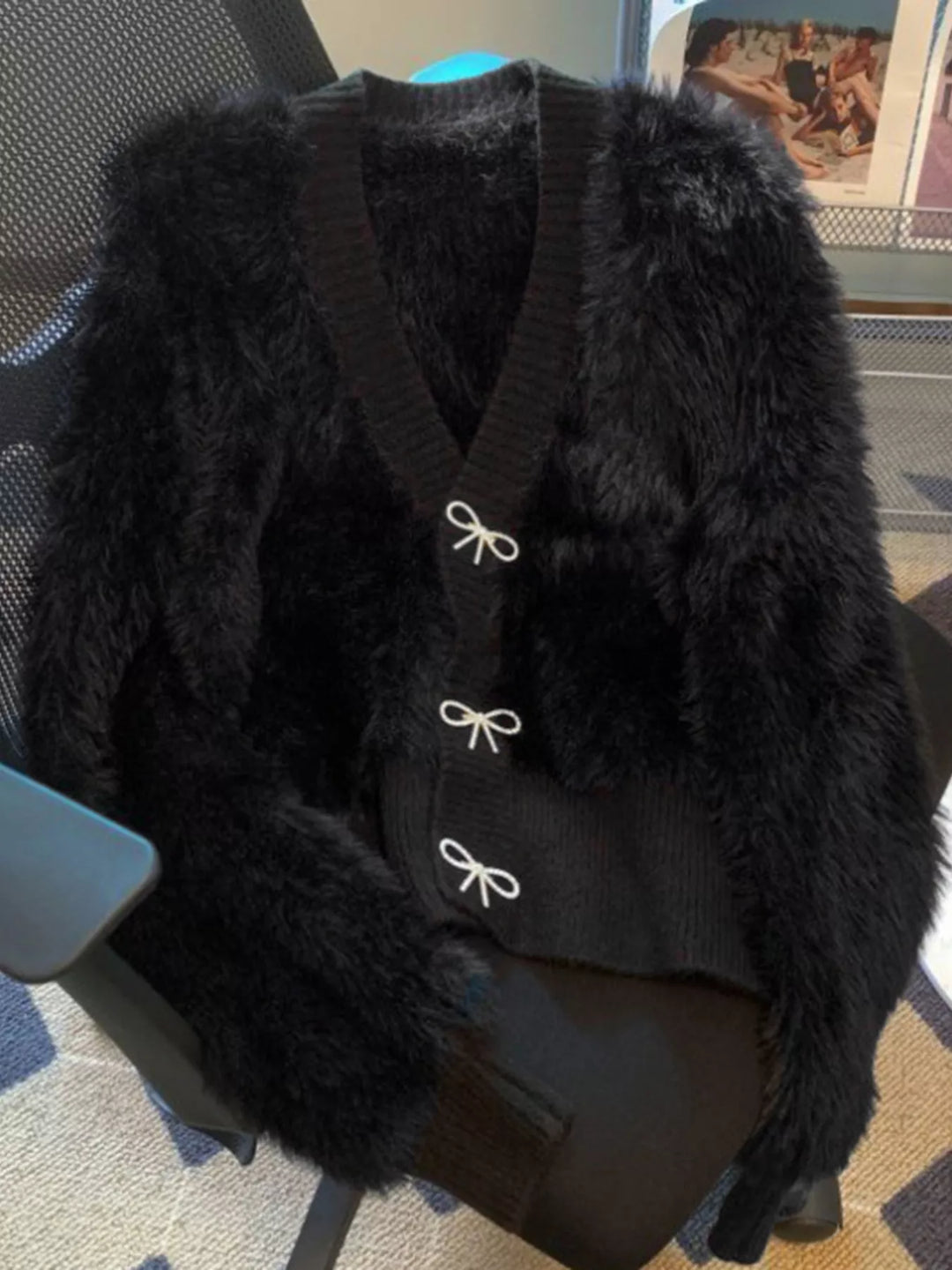 Black Fuzzy knit cropped cardigan with rhinestone bow buttons
