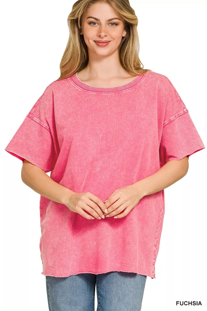 FUCHSIA Acid wash drop shoulder French terry top with raw hem
