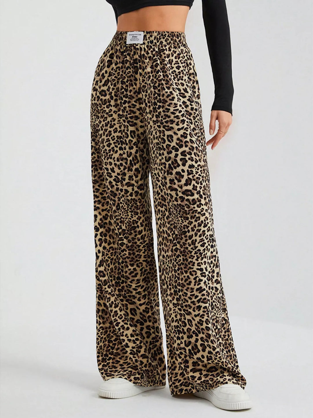 Leopard High-rise elastic waist wide leg pants with label patch