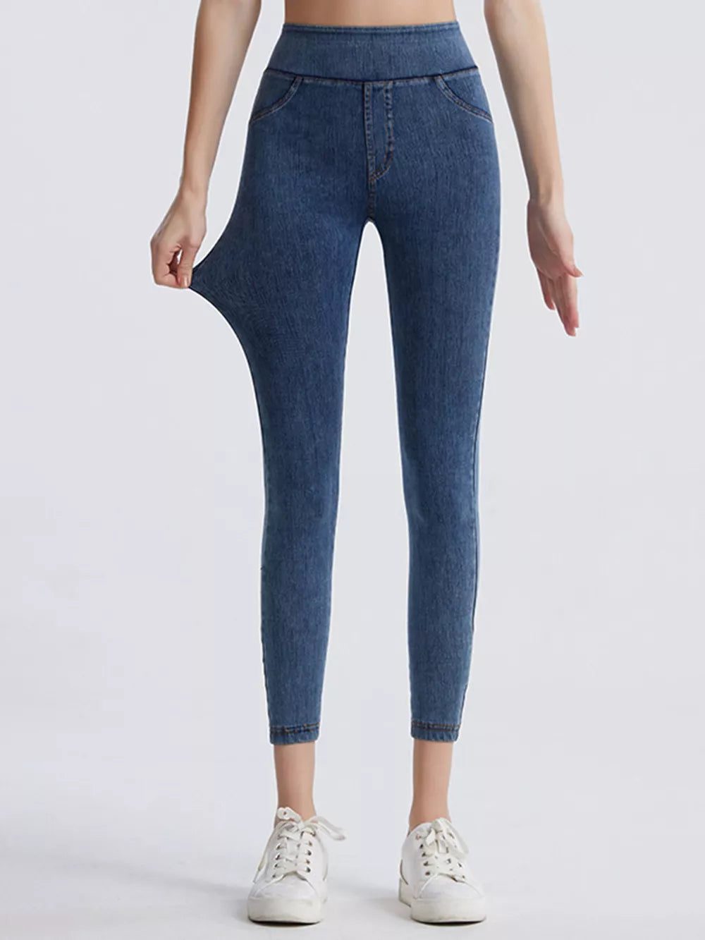 Medium High-waist denim-look sports leggings with faux pockets