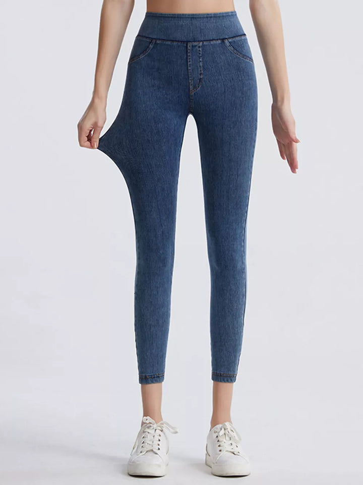 Medium High-waist denim-look sports leggings with faux pockets
