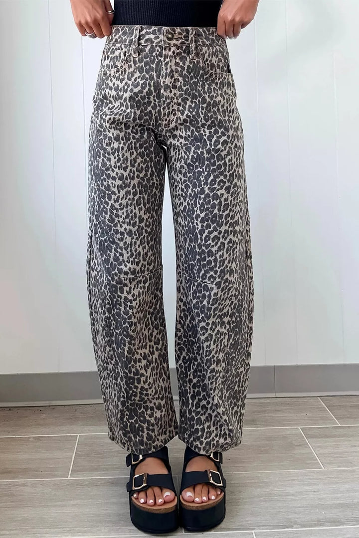 Leopard Leopard print high-rise barrel-leg jeans with pockets