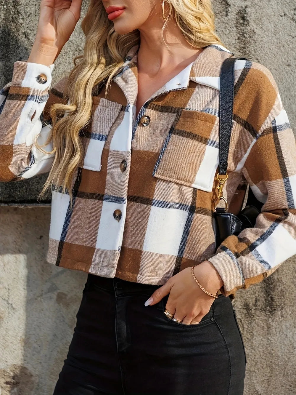 Plaid cropped shacket with button front and chest pockets