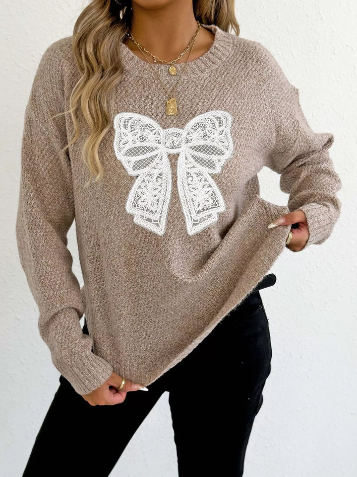 Lace bow applique crew neck knit sweater