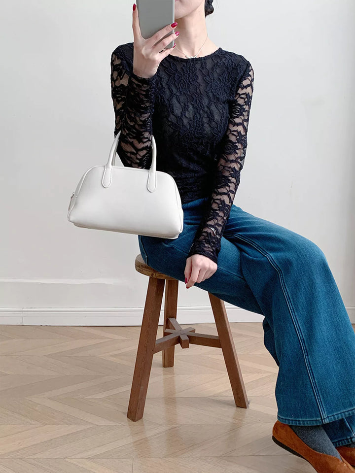 Sheer floral lace round neck long sleeve top