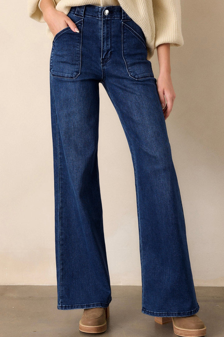 Navy Mid-rise wide-leg jeans with front patch pockets