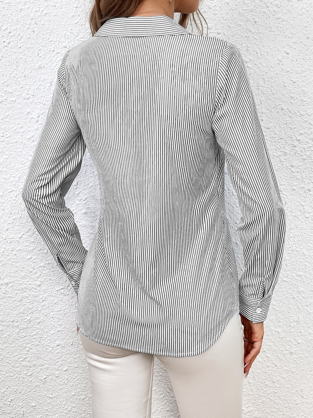 Striped wrap blouse with bow tie waist and Johnny collar