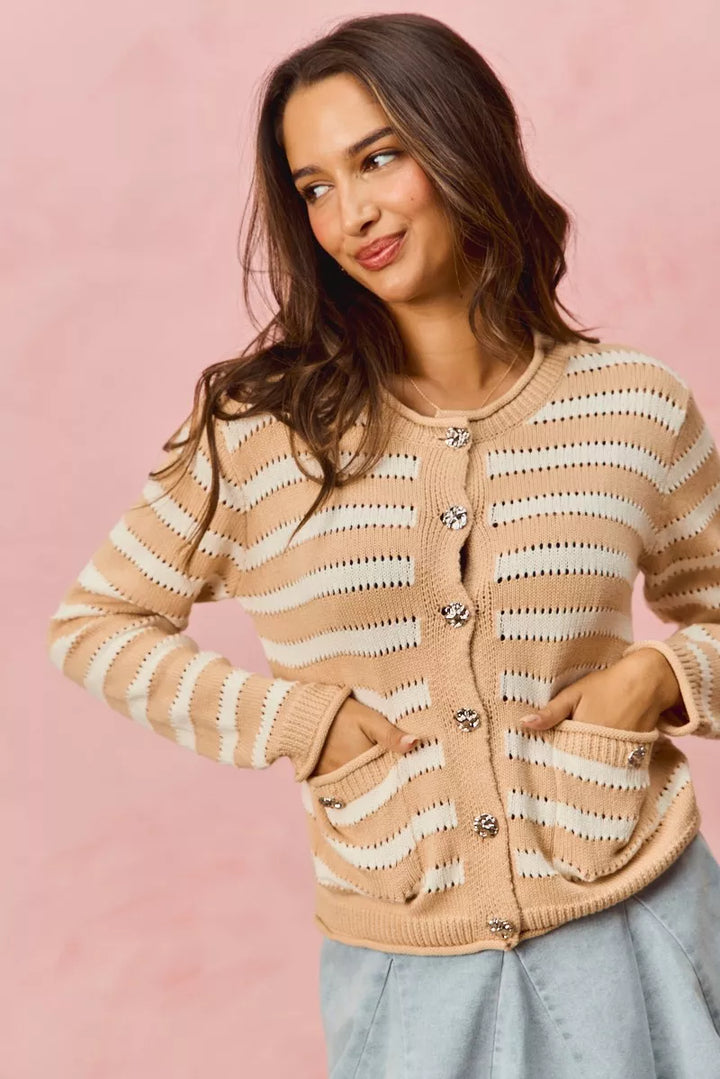 Striped openwork knit cardigan with jeweled buttons