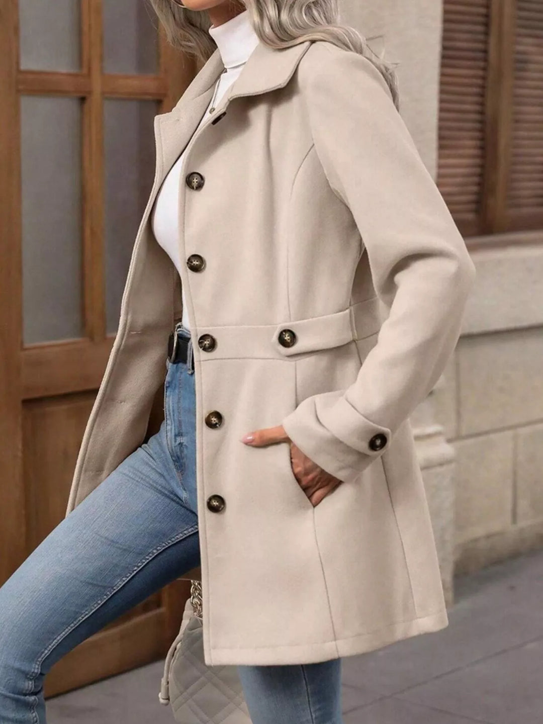 Notched lapel button-up coat with waist tabs