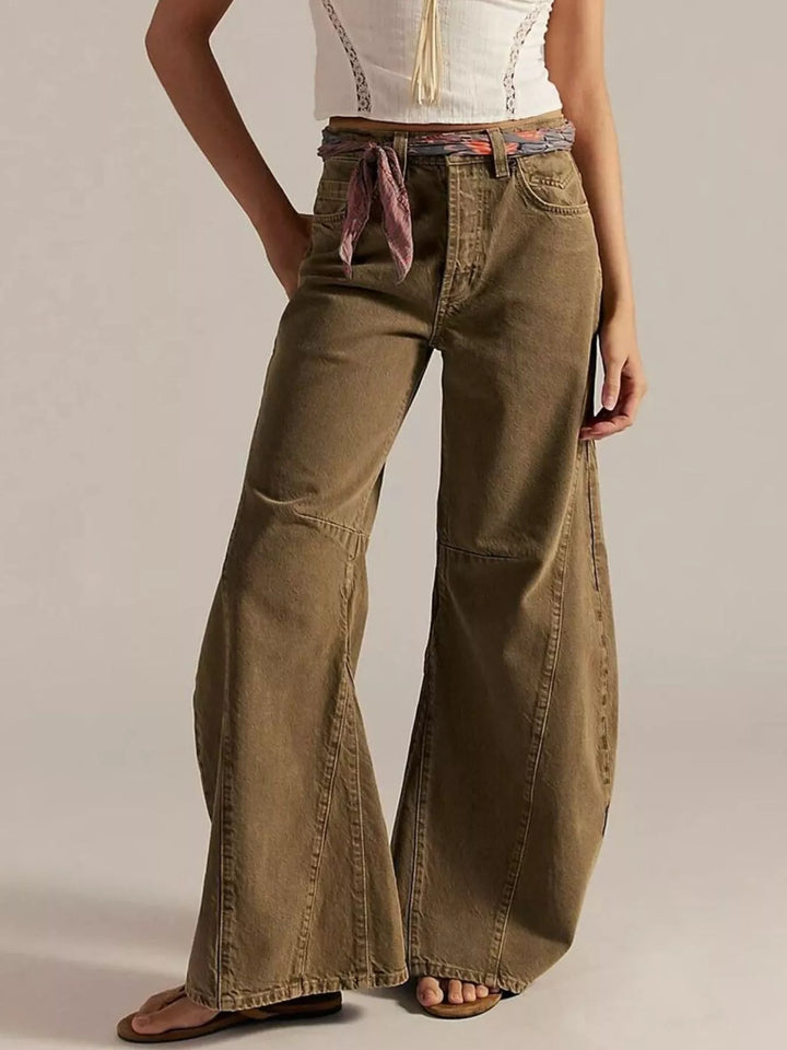 Khaki High-rise wide leg balloon jeans with paneled knee seam