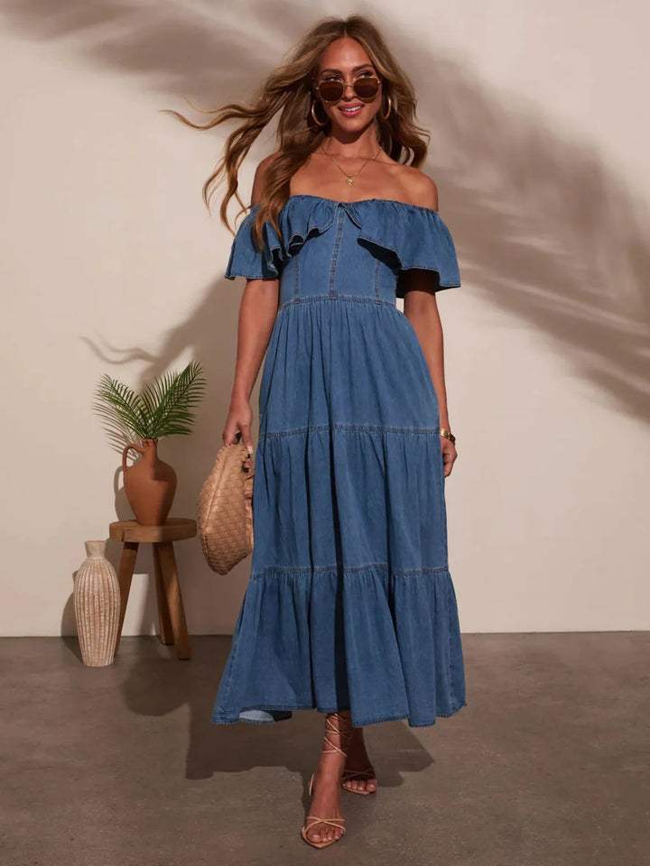 Off-shoulder tiered ruffle denim midi dress