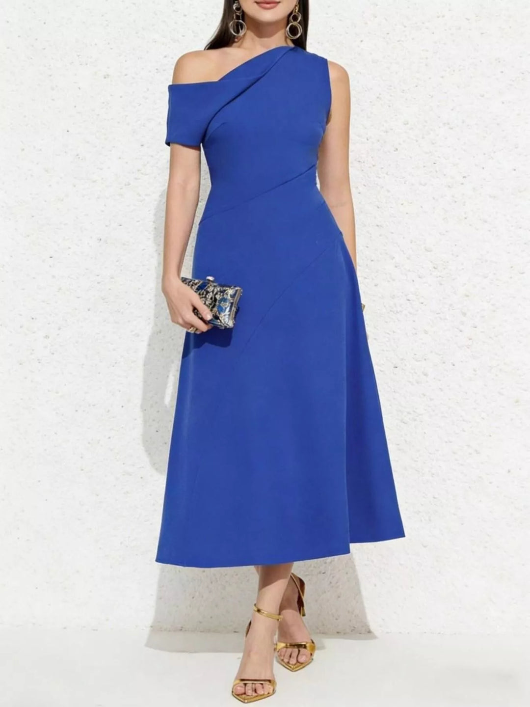 One-shoulder pleated midi dress with asymmetric neckline