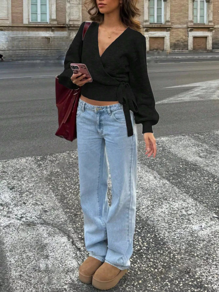 Tie-waist surplice wrap sweater with balloon sleeves