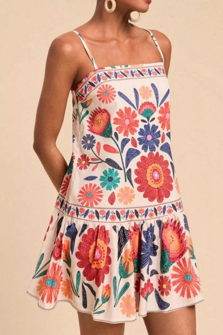 Plus size sleeveless floral ruffle hem mini dress