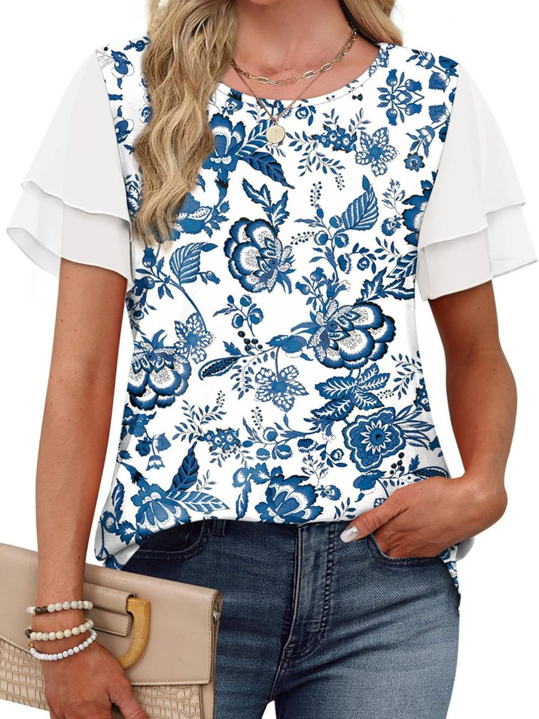 Layered leopard ruffle sleeve round neck top