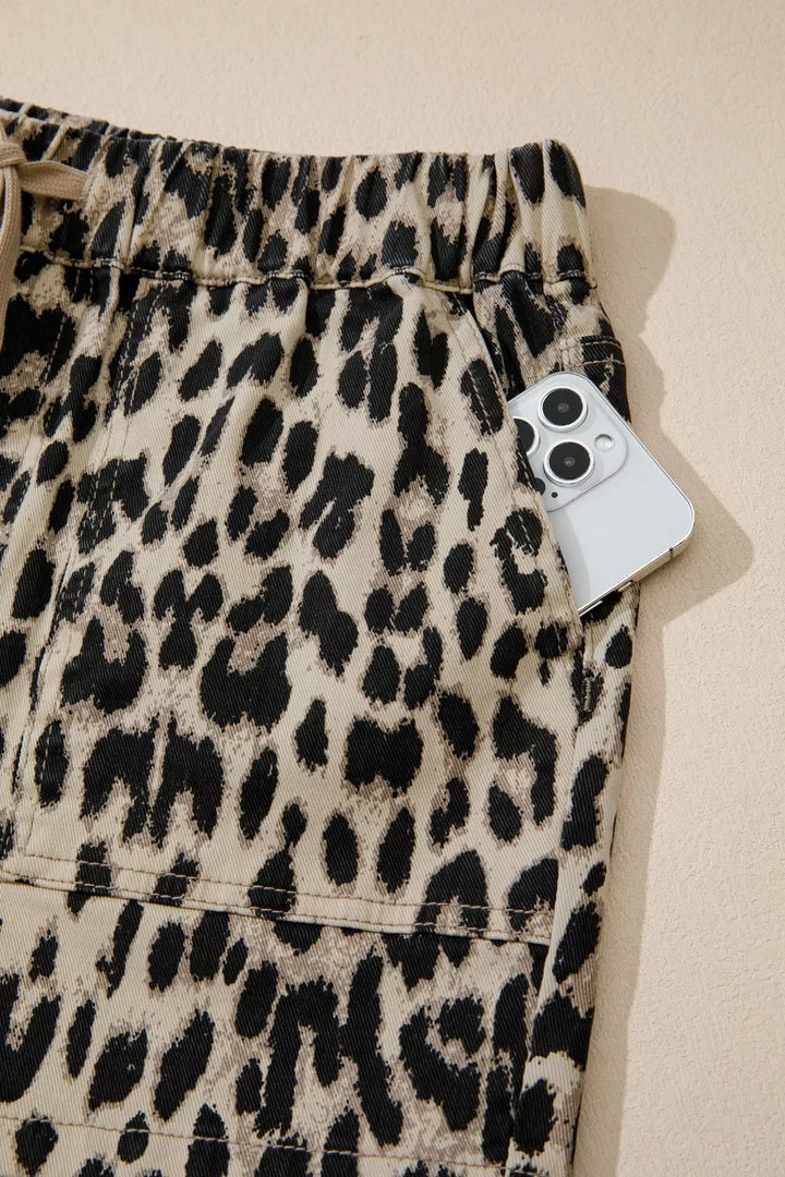 Leopard print drawstring elastic waist denim shorts