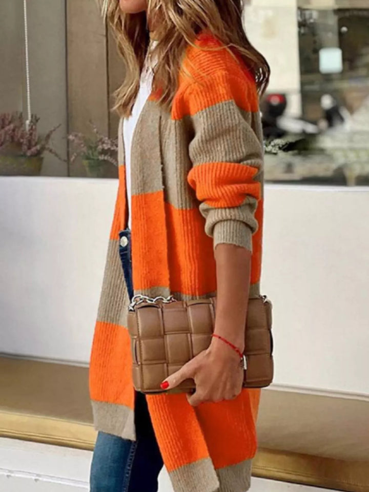 Color block ribbed knit open front longline cardigan