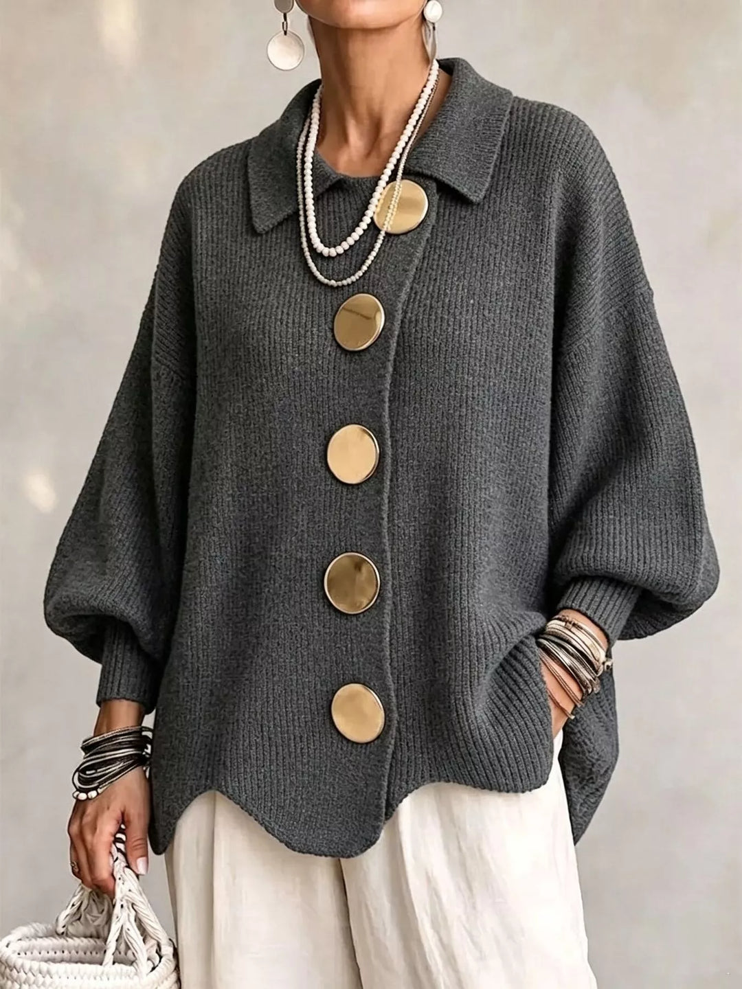 Dark Gray Oversized gold button ribbed knit collared cardigan