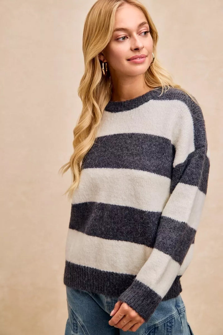 CHARCOAL Wide stripe fuzzy knit round neck sweater