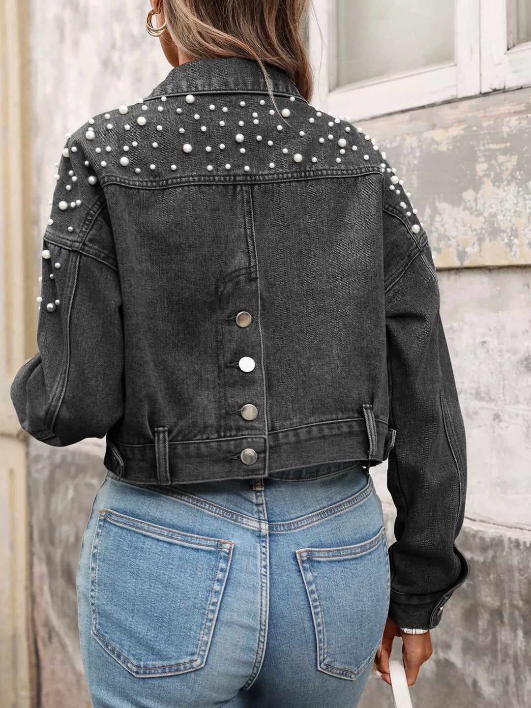 Pearl-embellished cropped denim jacket with patch pockets