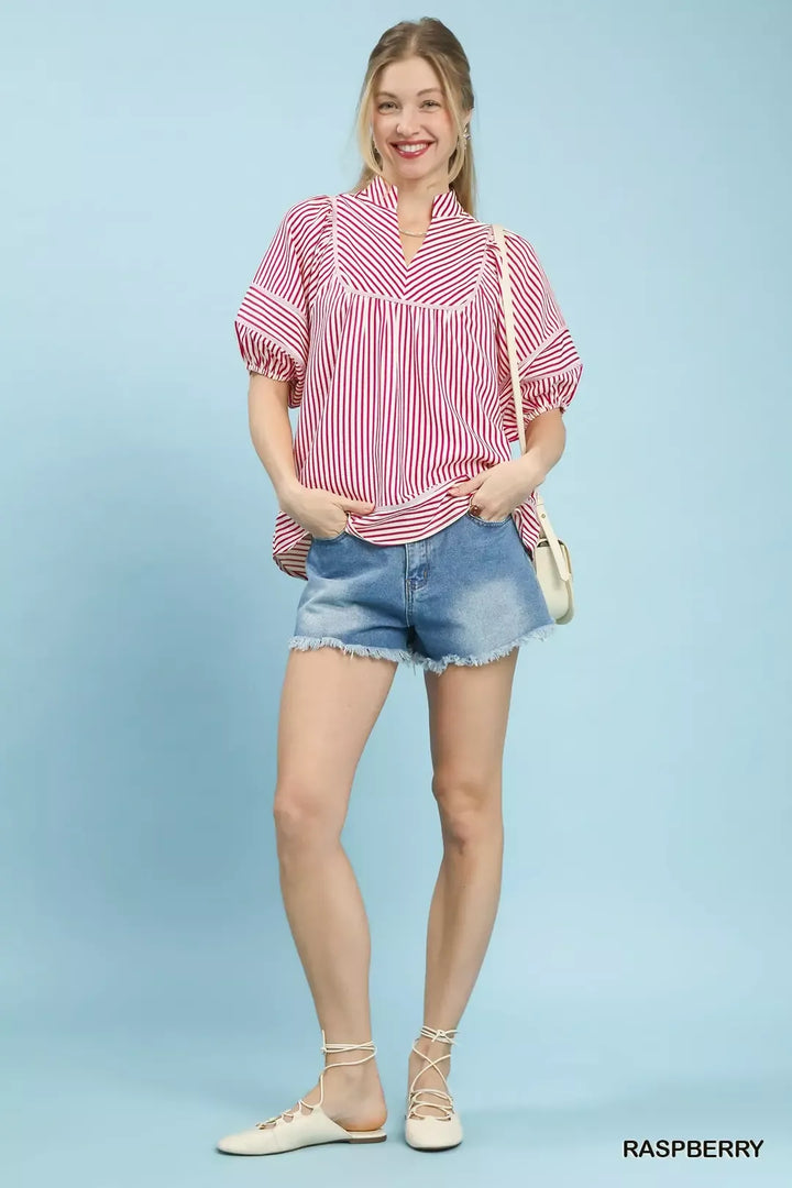 Striped puff sleeve babydoll top with notch collar