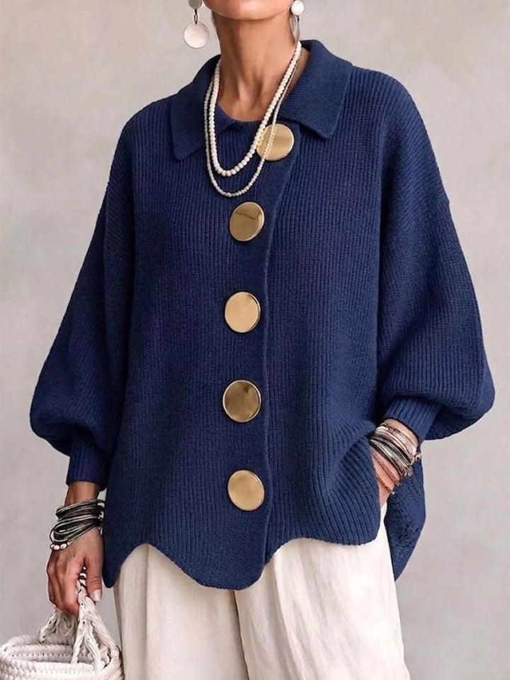 Navy Oversized gold button ribbed knit collared cardigan