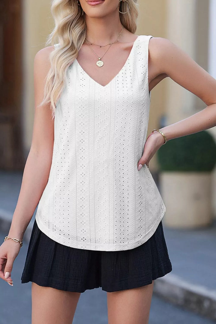 White Eyelet knit V-neck tank top with curved hem