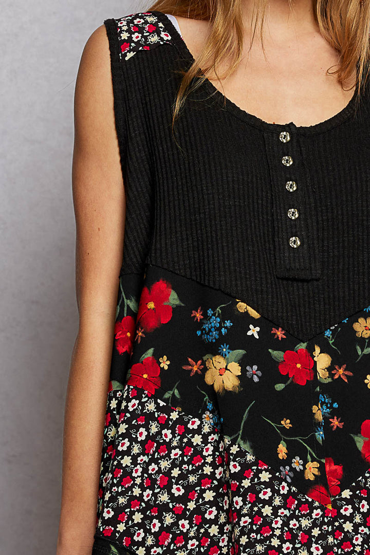 Ribbed swing tank with mixed floral print and button placket