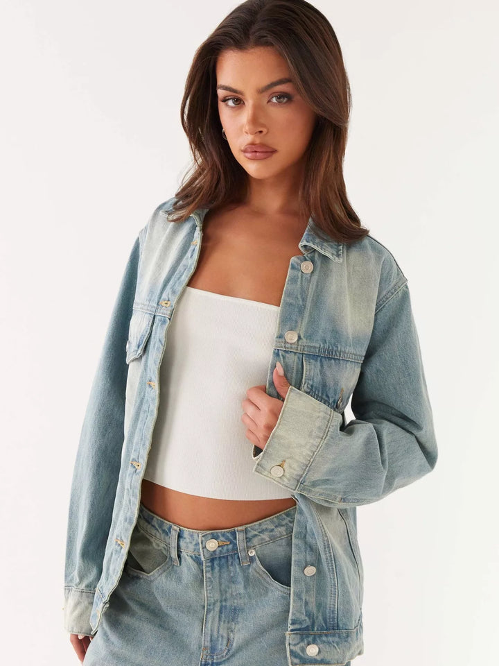 Oversized button-up denim jacket and jeans two-piece set