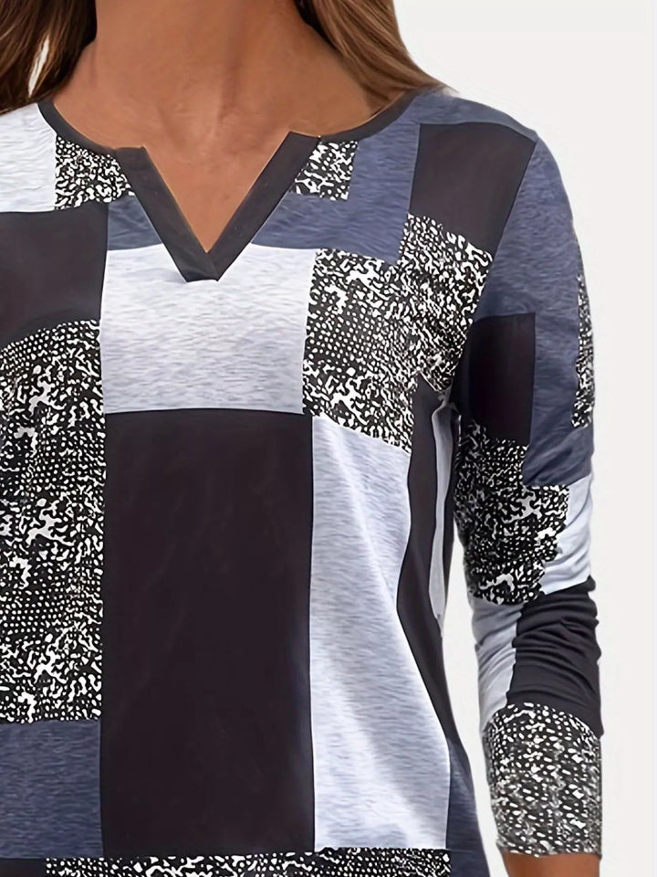 Notched neckline color-block long sleeve top with buttons