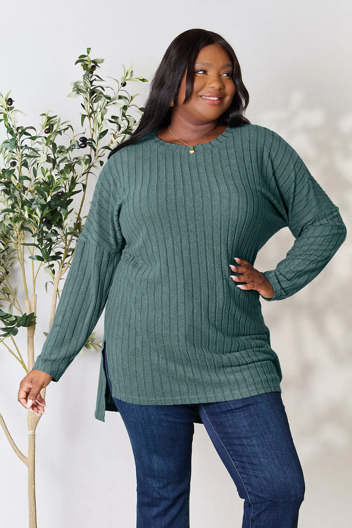 Teal Ribbed knit long sleeve tunic top with side slits