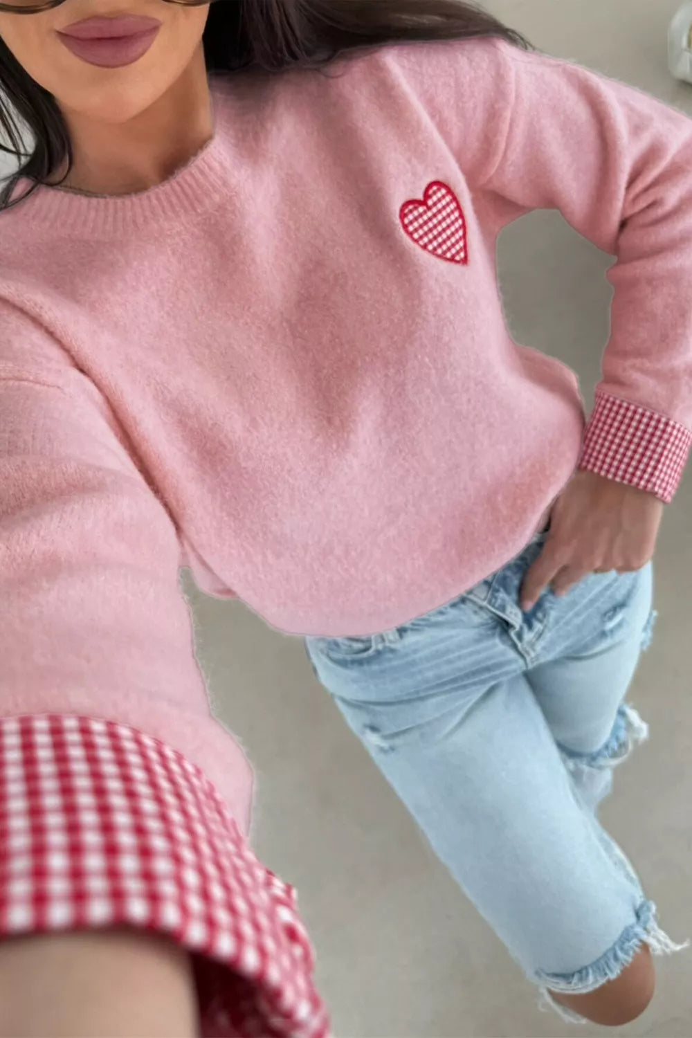 Dusty Pink Gingham heart drop-shoulder crew neck sweater