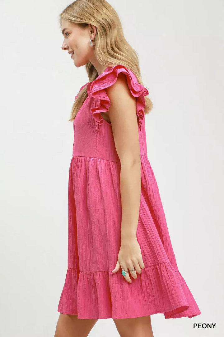 Ruffle sleeve V-neck tiered babydoll mini dress