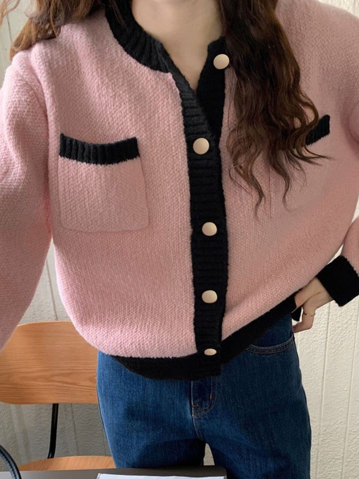 Contrast-trim button-up knit cardigan with patch pockets