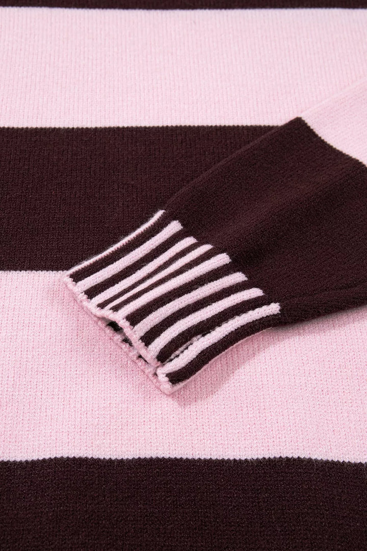 Wide stripe mock neck drop shoulder relaxed sweater