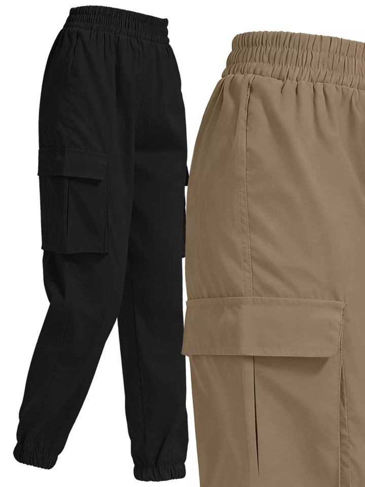 Elastic waist cargo jogger pants with flap pockets, 2-piece set