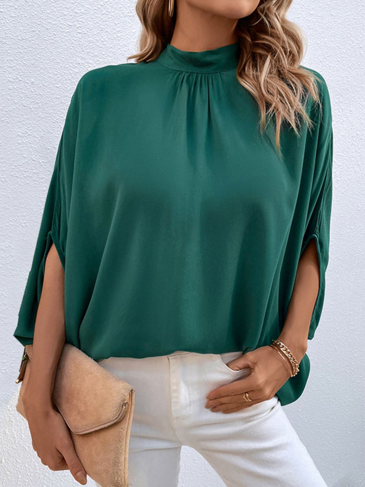 Forest Tie-back mock neck blouse with split sleeves