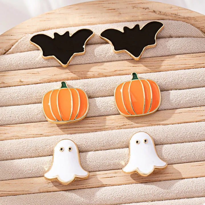 Halloween pumpkin, ghost and bat stud earring 3-pair set