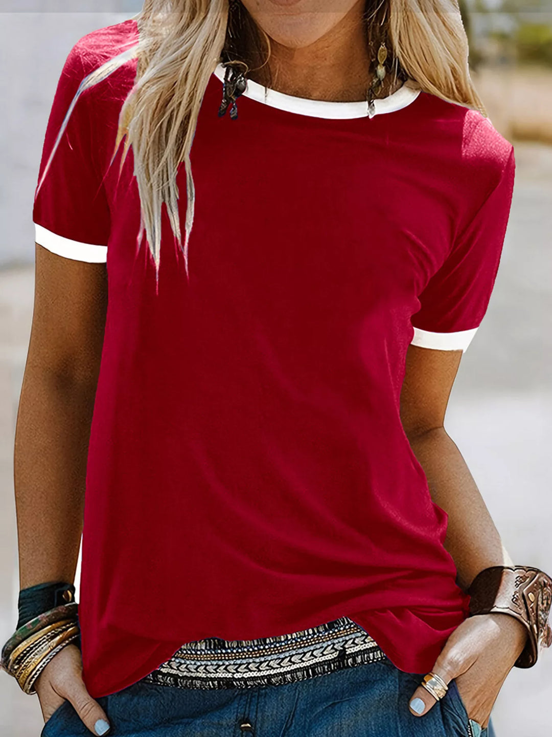 Bright Red Contrast trim crew neck ringer tee