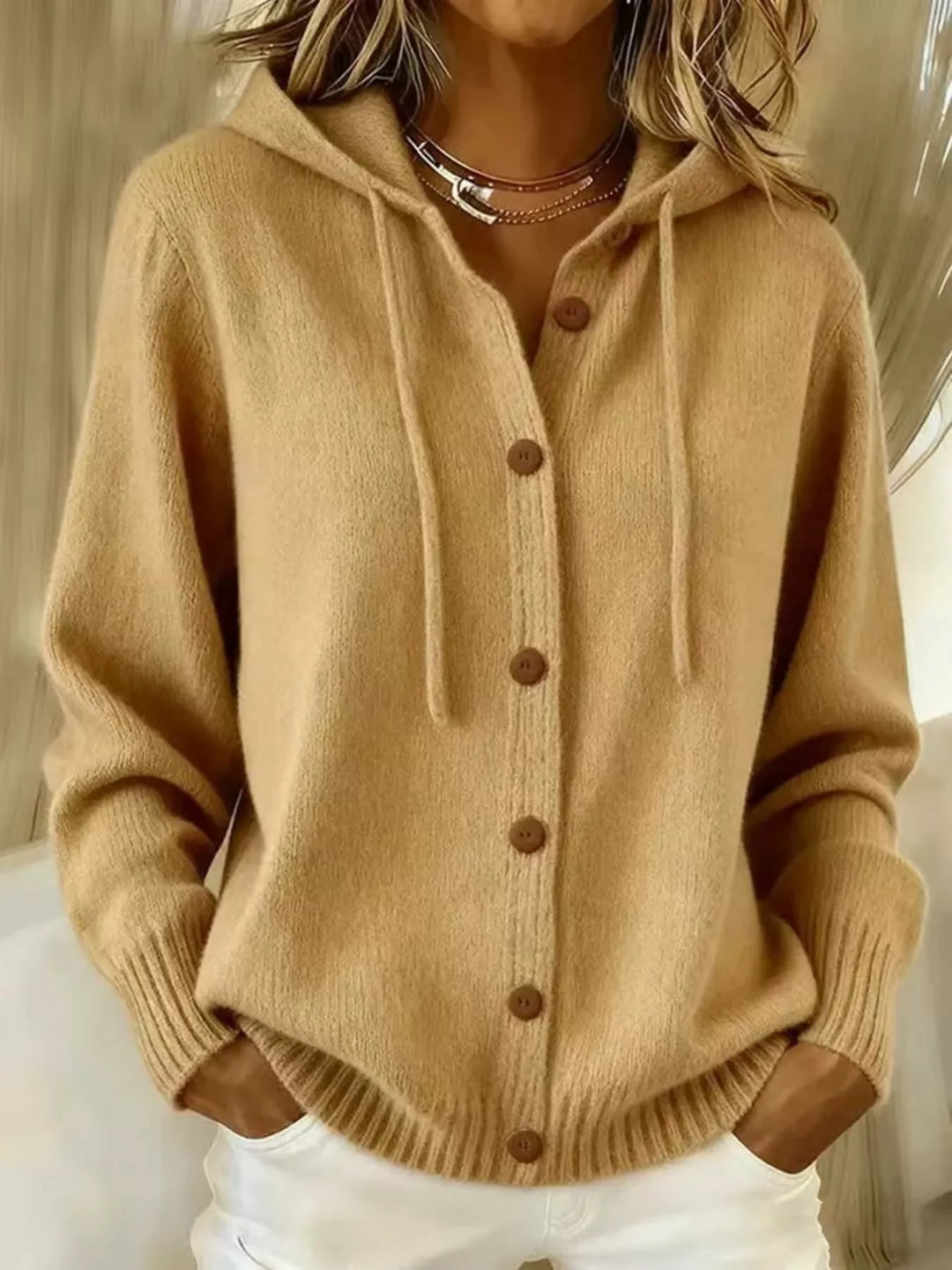 Khaki Hooded button-down knit cardigan with drawstring