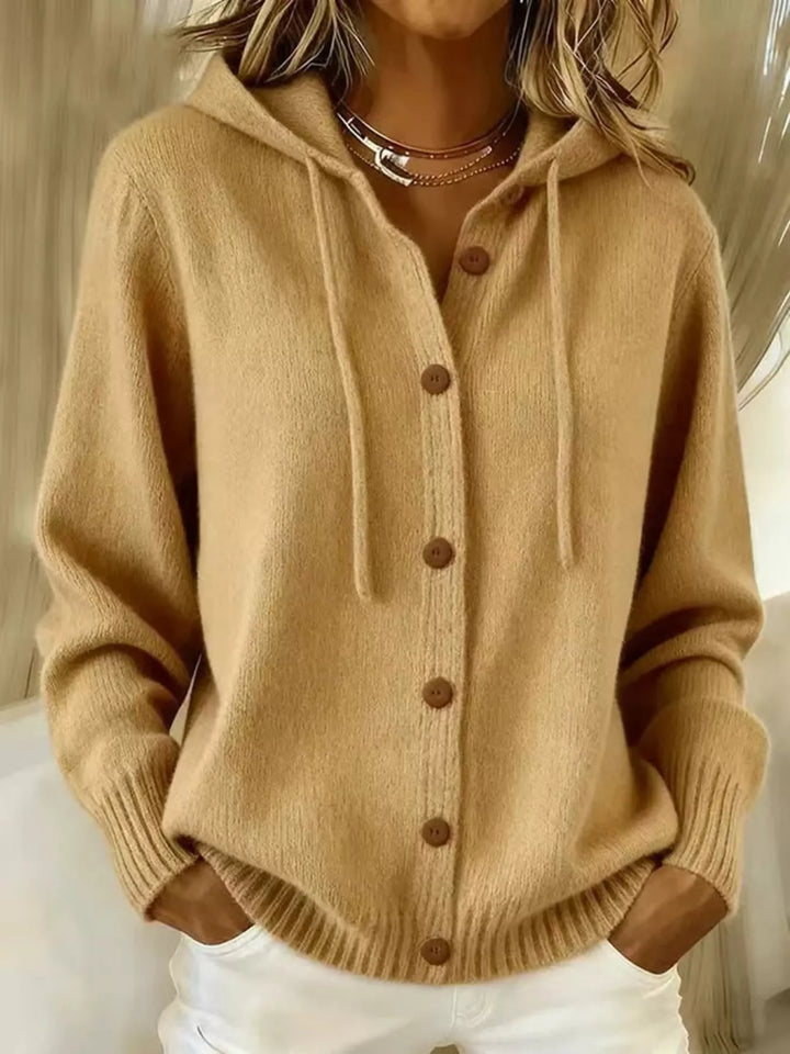 Khaki Hooded button-down knit cardigan with drawstring