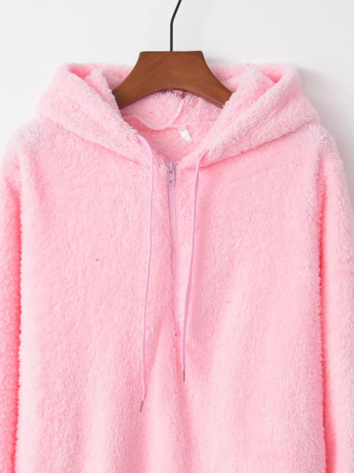 Plush half-zip fleece hoodie with drawstring hood and pockets